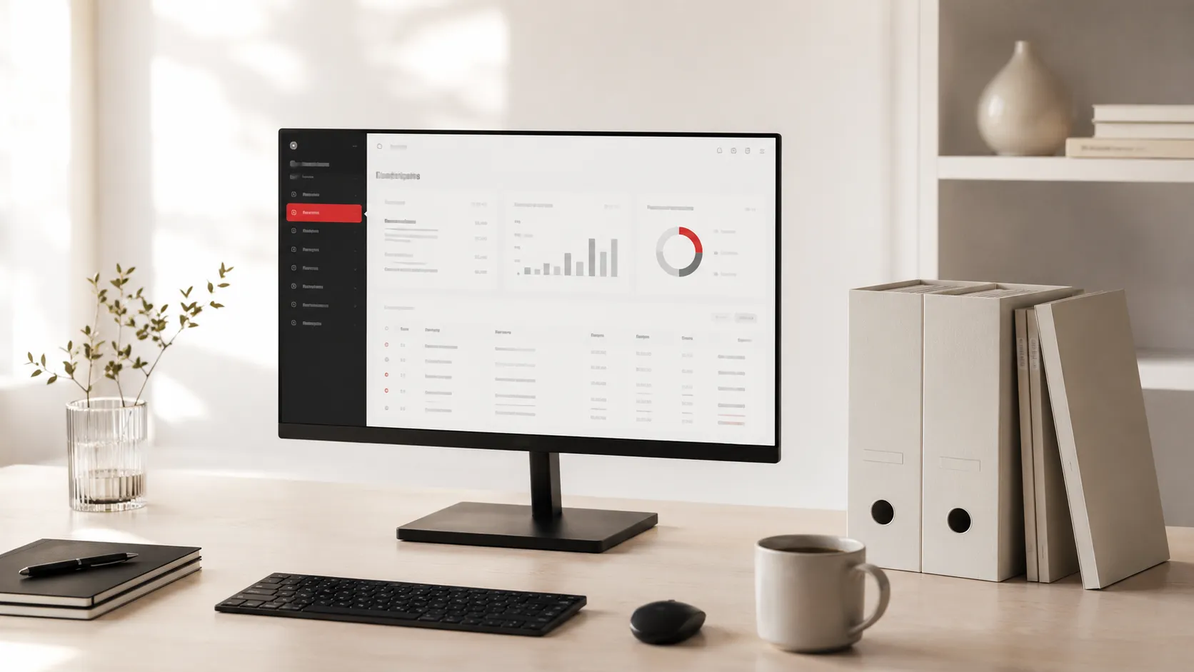 Monitor mit einer Abrechnungssoftware auf einem aufgeräumten Schreibtisch