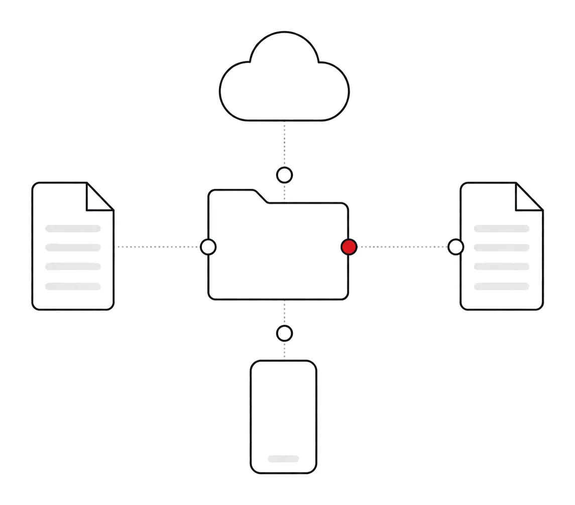 Illustration: zentrale Dokumentenablage mit Zugriff per Smartphone und Dokumenten