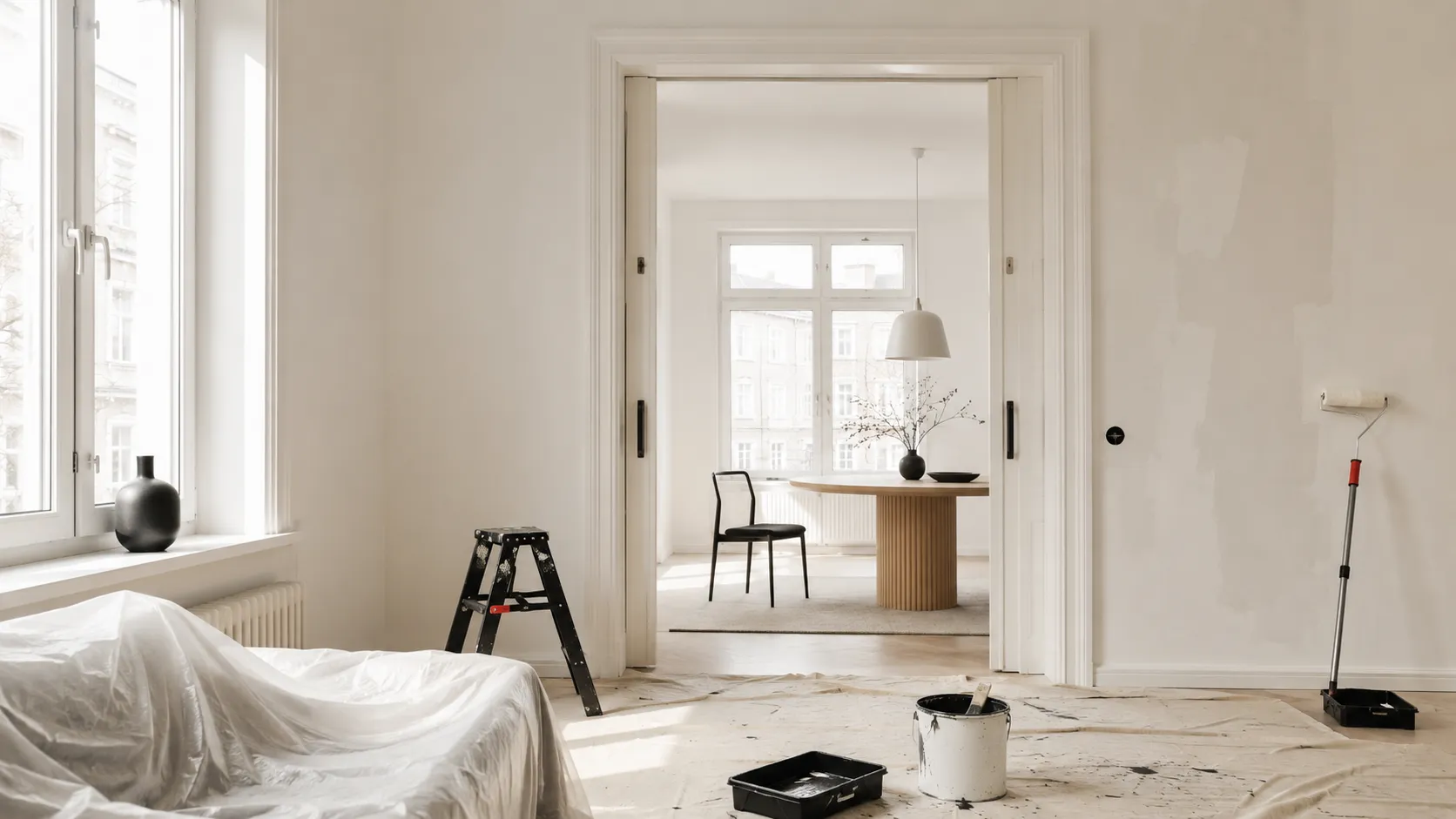 Helle Wohnung während einer Renovierung mit Malerutensilien
