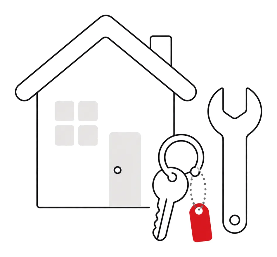 Illustration: Haus mit Schraubenschlüssel und Schlüssel für Technik und Vermietung